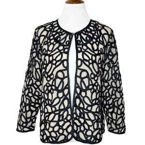 Chico’s Satin Embroidered Navy Blue Beige Long Sleeve Open Front Blazer M